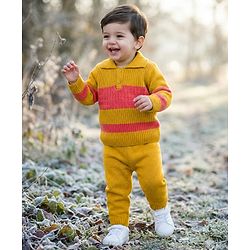 Babyhug Knitted Full Sleeves Striped Sweater Set - Mustard & Rust Orange