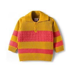 Babyhug Knitted Full Sleeves Striped Sweater Set - Mustard & Rust Orange