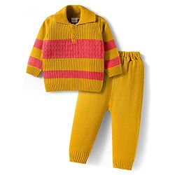 Babyhug Knitted Full Sleeves Striped Sweater Set - Mustard & Rust Orange