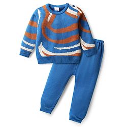 Babyhug Knitted Full Sleeves Sweater Set With Color Block Design - Blue
