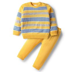 Babyhug Knit Full Sleeves Striped Pullover Sweater Set - Mustard