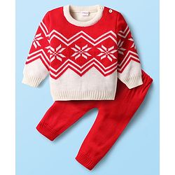 Babyhug Knitted Full Sleeves Sweater Set With Chevron Design - Red & White