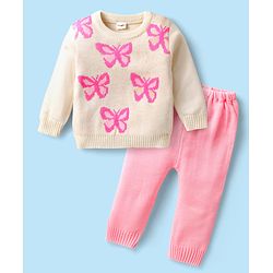 Babyhug Knitted Full Sleeves Sweater Set With Butterfly Design - White & Pink