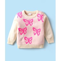 Babyhug Knitted Full Sleeves Sweater Set With Butterfly Design - White & Pink