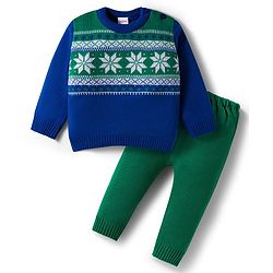 Babyhug Knitted Full Sleeves Sweater Set With Floral Design - Blue & Green