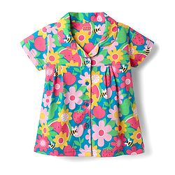 Babyhug Cotton Knit Half Sleeves Co-ords Front Open Night Suit With Floral Print - Multicolour