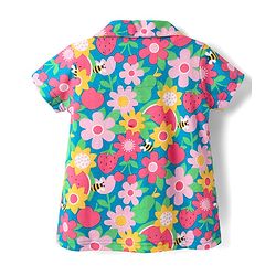 Babyhug Cotton Knit Half Sleeves Co-ords Front Open Night Suit With Floral Print - Multicolour