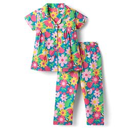 Babyhug Cotton Knit Half Sleeves Co-ords Front Open Night Suit With Floral Print - Multicolour