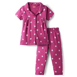Babyhug Cotton Knit Half Sleeves Co-Ord Night Suit With Star Print - Purple