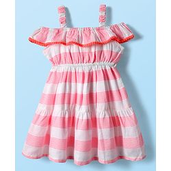 Babyhug Rayon Woven Cold Shoulder Sleeves Striped Frock - Pink & White