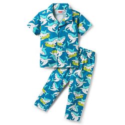 Babyhug Cotton Knit Half Sleeves Co-ords Night Suit With Shark Print - Teal Blue