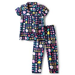 Babyhug Cotton Knit Half Sleeves Co-ords Night Suit with Floral Print - Navy Blue