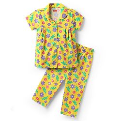 Babyhug Cotton Knit Half Sleeves Co-ords Night Suit with Floral Print - Yellow