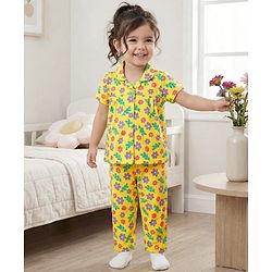 Babyhug Cotton Knit Half Sleeves Co-ords Night Suit with Floral Print - Yellow