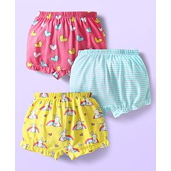 Babyhug 100% Cotton Bloomers With Stripes & Animal Prints Pack Of 3 - Dark Pink Yellow & Light Blue