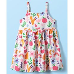 Babyhug Single Jersey Knit Sleeveless Frock With Floral & Fruit Print & Bow Applique - White