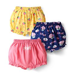 Babyhug 100% Cotton Knit Bloomers with Love & Cup Cake Print Pack of 3 - Pink & Navy Blue