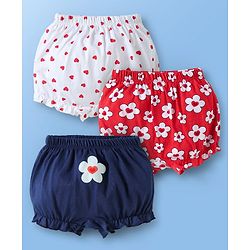 Babyhug 100% Cotton Floral & Hearts Printed Bloomers Pack Of 3 - Red Navy Blue & White