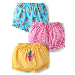 Babyhug 100% Cotton Single Jersey Knit Bloomers With Heart & Tropical Theme Print Pack Of 3 - Yellow Pink & Light Blue