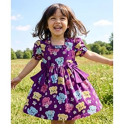 Babyhug Single Jersey Knit Half Sleeves Frock With Teddy Bear Print & Bow Applique - Violet