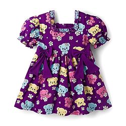Babyhug Single Jersey Knit Half Sleeves Frock With Teddy Bear Print & Bow Applique - Violet