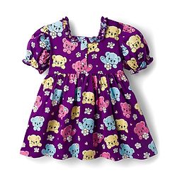 Babyhug Single Jersey Knit Half Sleeves Frock With Teddy Bear Print & Bow Applique - Violet