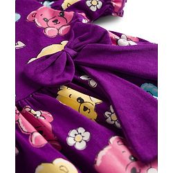 Babyhug Single Jersey Knit Half Sleeves Frock With Teddy Bear Print & Bow Applique - Violet