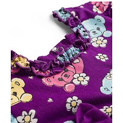 Babyhug Single Jersey Knit Half Sleeves Frock With Teddy Bear Print & Bow Applique - Violet