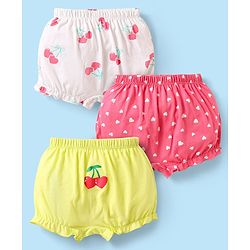 Babyhug 100% Cotton Single Jersey Knit Bloomers With Heart & Tropical Theme Print Pack Of 3 - Pink White & Lime Green