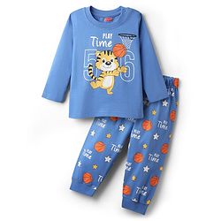 Babyhug Cotton Knit Full Sleeves Night Suit With Tiger & Basketball Print - Blue