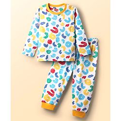 Babyhug Cotton Knit Full Sleeves Printed Co-Ord Night Suit - White