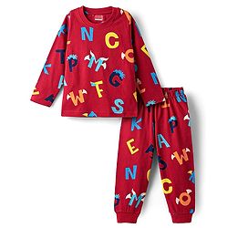 Babyhug Cotton Knit Full Sleeves Co-Ord Night Suit With Alphabet Print - Red