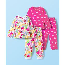 Babyhug Cotton Knit Full Sleeves Co-ords Night Suit With Tropical Theme & Heart Print Pack Of 2 - Pink & White