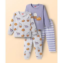 Babyhug Cotton Knit Full Sleeves Printed Co-Ord Night Suits Pack of 2 - White & Purple