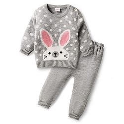 Babyhug Knitted Full Sleeves Sweater Set With Bunny & Polka Dot Print - Grey