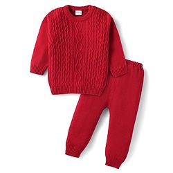 Babyhug Knitted Full Sleeves Solid Color Sweater Set with Cable Knit Design - Red