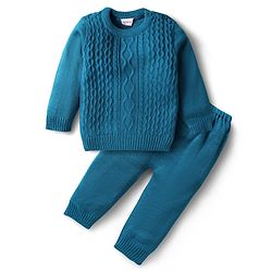 Babyhug Knitted Full Sleeves Solid Color Sweater Set with Cable Knit Design - Red