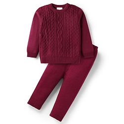 Babyhug Knitted Full Sleeves Sweater Set with Cable Knit Design - Wine