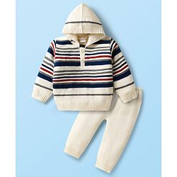 Babyhug Knitted Full Sleeves Striped Sweater Set With Hood - White & Navy Blue