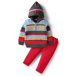 Babyhug Knitted Full Sleeves Sweater Set With Colour Aztec Design - Pink