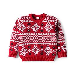 Babyhug Knit Full Sleeves Pullover Sweater Set With Floral Design - Red & Navy Blue
