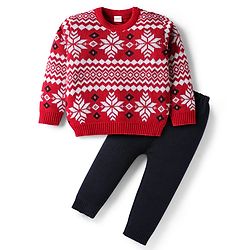 Babyhug Knit Full Sleeves Pullover Sweater Set With Floral Design - Red & Navy Blue