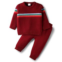 Babyhug Knit Full Sleeves Pullover Sweater Set with Stripes - Wine