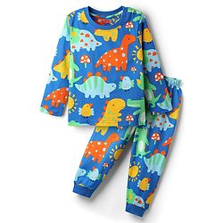 Babyhug Cotton Knit Full Sleeves Co-Ord Night Suit With Dino Print - Blue