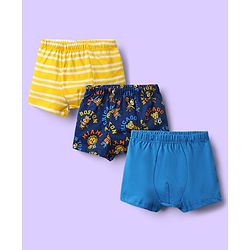 Babyhug 100% Cotton Single Jersey Knit Trunks With Stripes & Animal Print Pack Of 3 - Yellow Navy Blue & Royal Blue