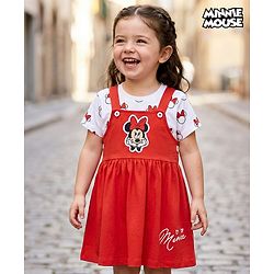 Babyhug Disney Single Jersey Knit Dungaree Style Frock & Half Sleeves Inner Tee With Minnie Mouse Graphics - Red & White