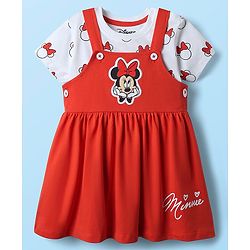 Babyhug Disney Single Jersey Knit Dungaree Style Frock & Half Sleeves Inner Tee With Minnie Mouse Graphics - Red & White