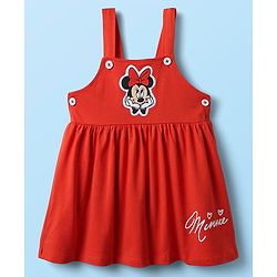 Babyhug Disney Single Jersey Knit Dungaree Style Frock & Half Sleeves Inner Tee With Minnie Mouse Graphics - Red & White