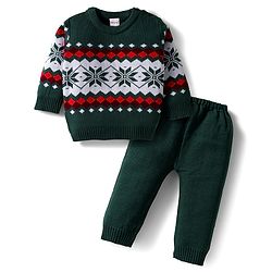 Babyhug Knit Full Sleeves Pullover Sweater & Pant Set with Aztec Design - Olive Green