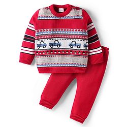 Babyhug Knit Full Sleeves Pullover Sweater Set With Vehicles Design - Red